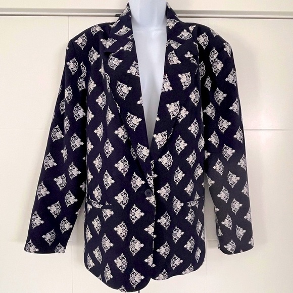 Vintage 80’s EATON COLLECTABLES/ Blazer/ Damask print/ White & blue/ Size US 14 - Picture 3 of 12